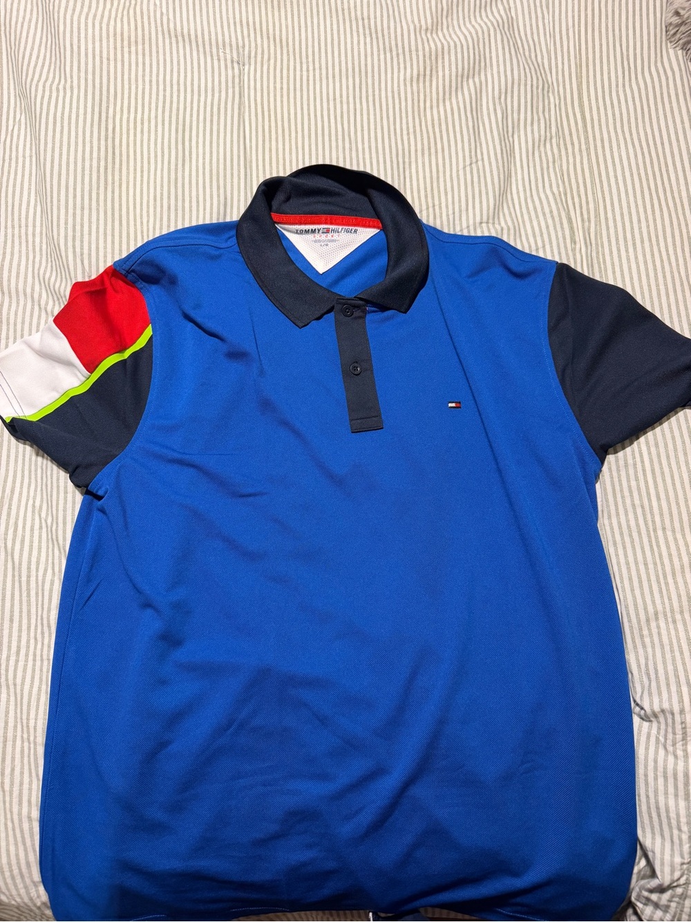 Tommy Hilfiger Blue Polo with Navy Collar and Multicolor Sleeve
